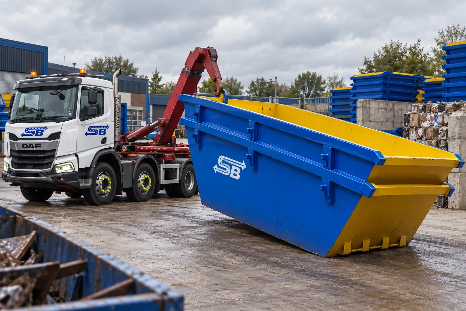 A large commercial roll-on-off skip at a sorting facility